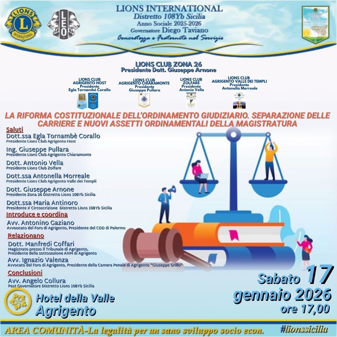 Agrigento, i Lions aprono il dibattito sulla riforma della giustizia: sabato 17 gennaio all’Hotel della Valle