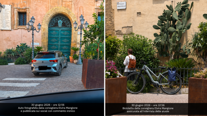Agrigento, due foto davanti allo stesso Comune: Mangione denuncia l’auto, ma la sua bici era legata all’inferriata. Le regole valgono solo per gli altri?